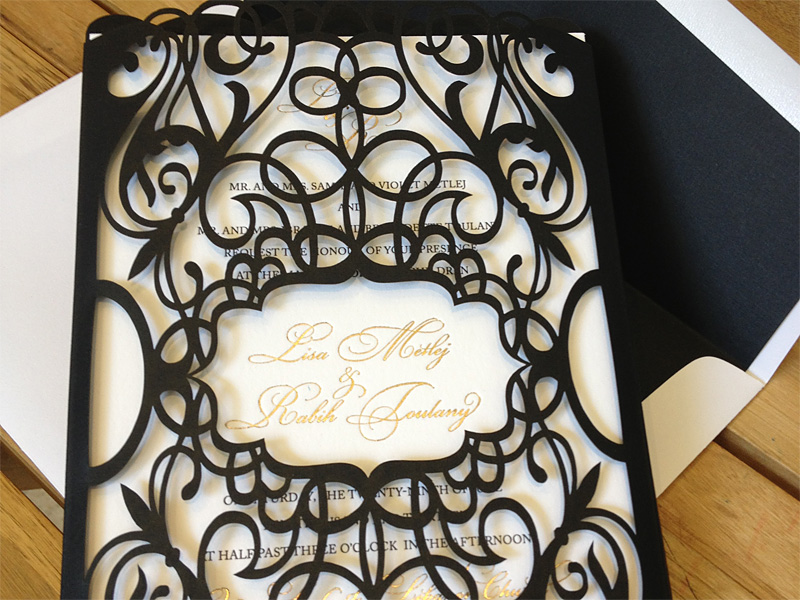 First image of custom black chantilly lace laser cut invitation pockets or sleeves 1