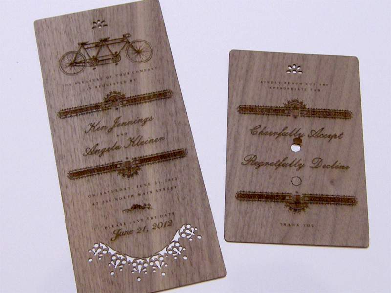 Laser cut walnut wood wedding invitations