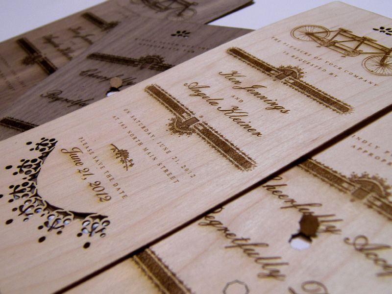 Maple and walnut wedding invitations - another angle