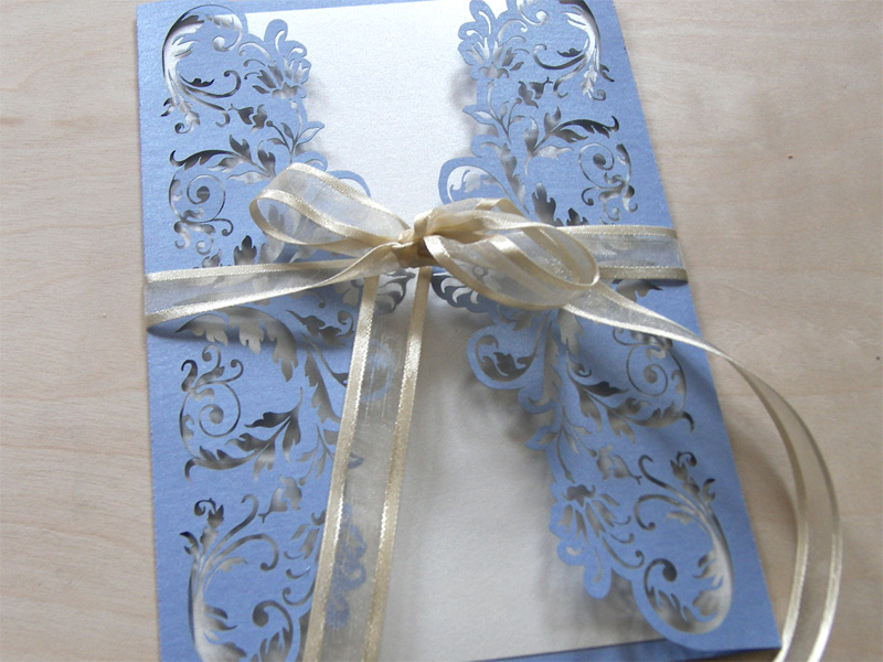 French Flair laser cut wedding invitations in periwinkle blue 2