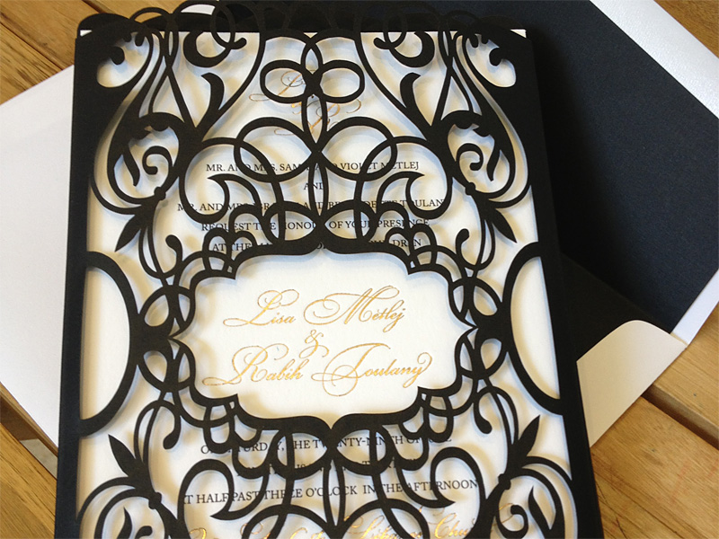 Custom black chantilly lace laser cut invitation pockets/sleeves