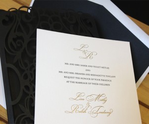 Custom chantilli lace laser cut invitation gold foil and letterpress showing invitation.