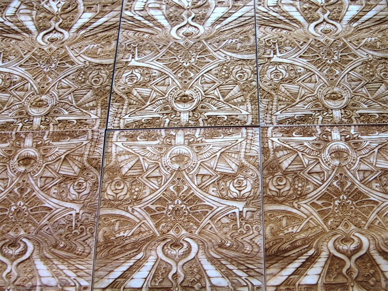 Laser etched wood art print &#8216;Creation Nexus&#8217; collaboration between artists Laura Borealisis and Fabian Jimenez