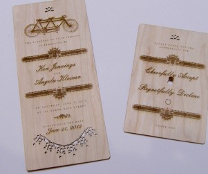 Walnut laser cut wedding invitation and reply card