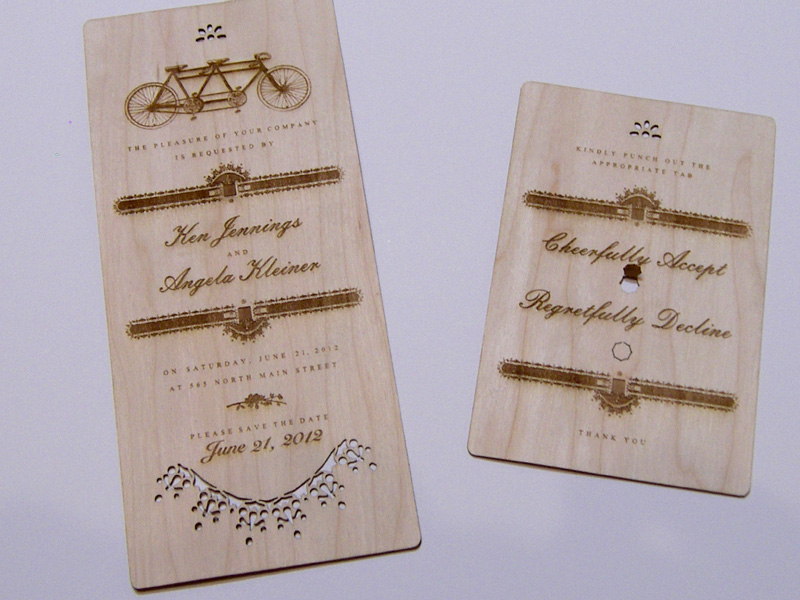 Walnut laser cut wedding invitation and reply card