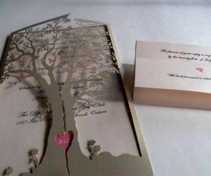 Love tree laser cut wedding invitation and reply card, both sides closed - detail