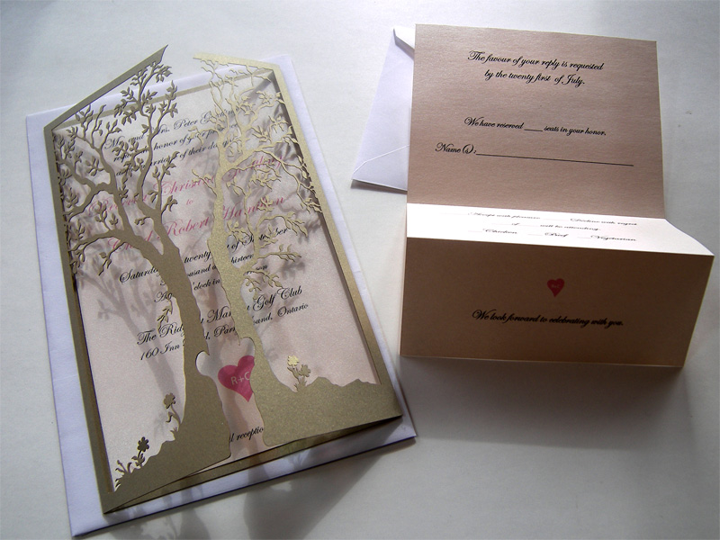 Ornate love tree laser cut wedding invitation and reply card with both sides closed and reply card open