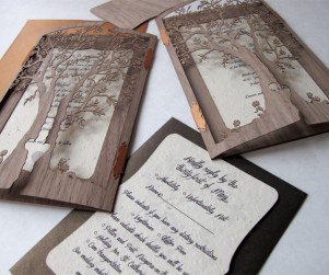 Two 'Love Tree' Walnut wood laser cut invites and reply card