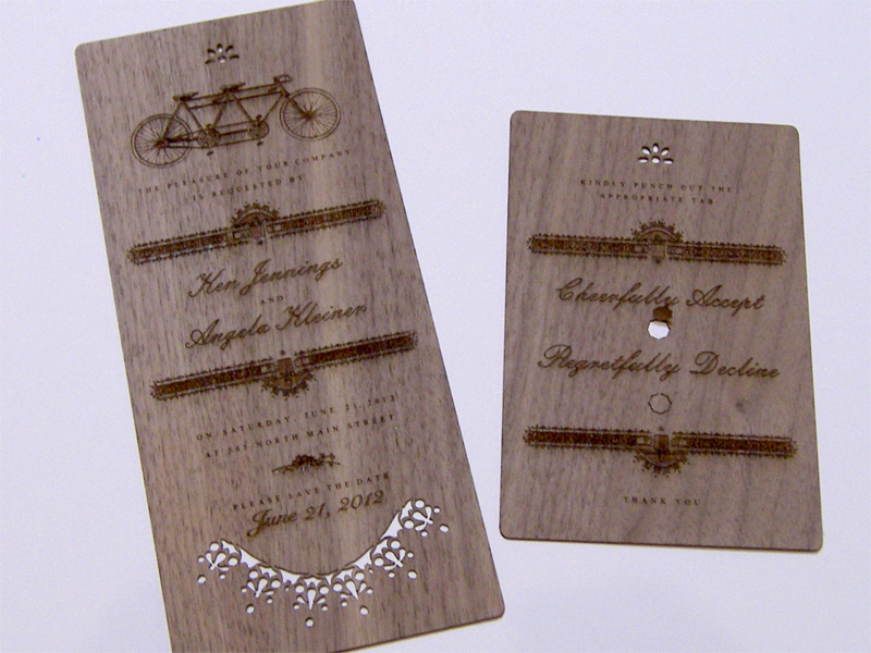 Walnut laser cut wedding invitations