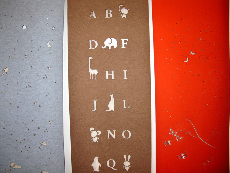 Laser cut merino wool felt window coverings for kids rooms, detail of starry night, alphabet animals, and fairy dance window coverings