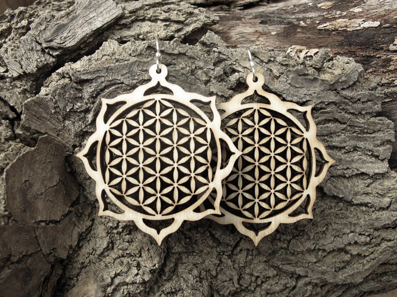 lotus mandala laser cut flower of life wood earrings