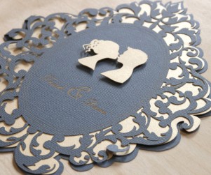 Detail of Lovers Cameo laser cut wedding invitations