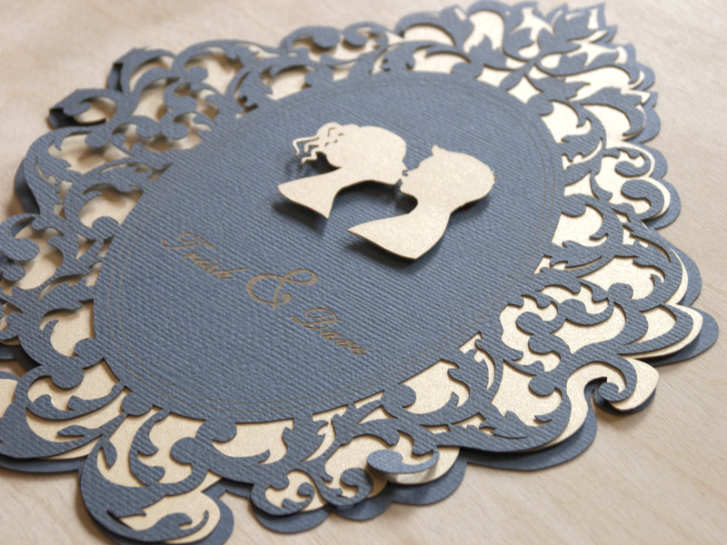 Detail of Lovers Cameo laser cut wedding invitations